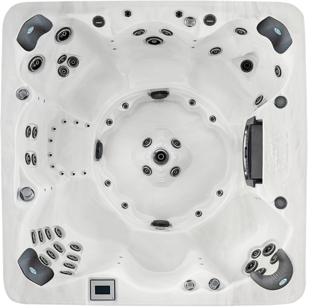 Top-down view of a white hot tub with multiple black and gray jets and seats