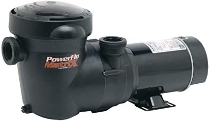 Black pool pump motor with cylindrical housing and label on white background