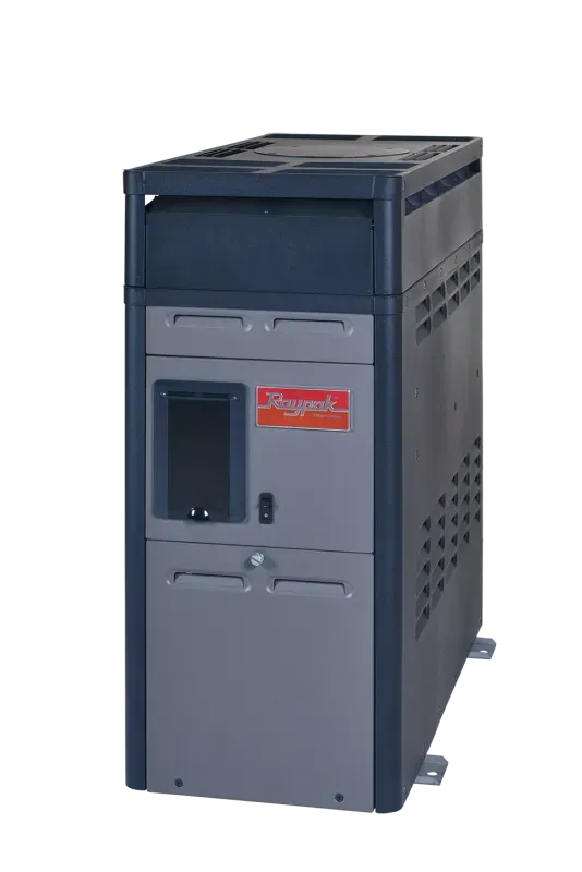 Dark blue and gray portable furnace or heater unit with front door and side vents on a white background
