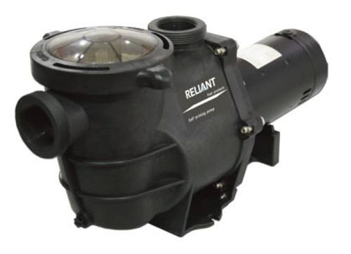 Black RELIANT pool pump and filter with clear lid and attached motor on white background