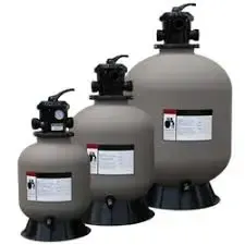 Three gray industrial tank filters with black tops, arranged from small to large on a white background