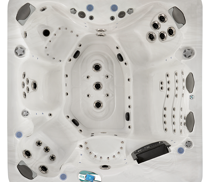 Top-down view of a white hot tub with multiple black and gray jets and seats, plus a blue control panel.