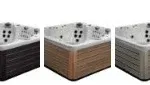 Three square woven pet beds in black, tan, and gray with white cushion tops.