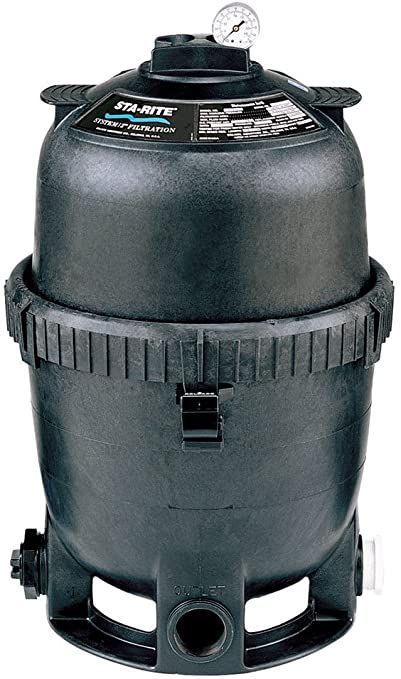 Black cylindrical pressure tank with gauge and valve, resembling a water filtration or pump system unit