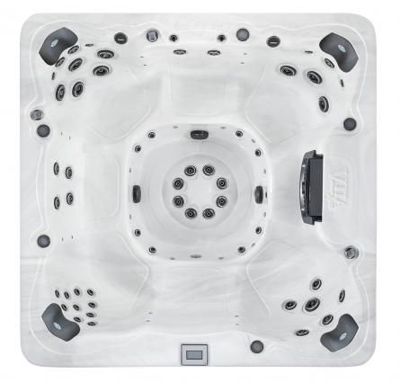 Top-down view of a white square hot tub with multiple black jets and headrests