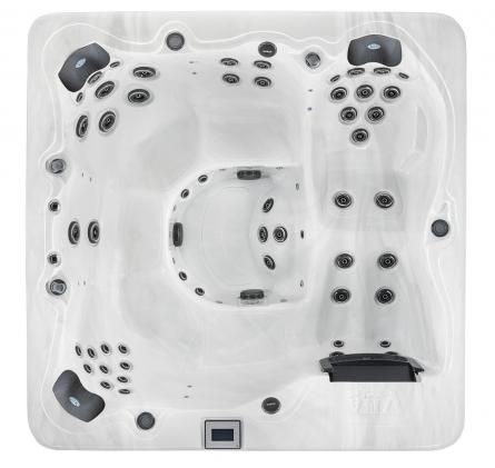 Top-down view of a white square hot tub with multiple black jets and built-in seats