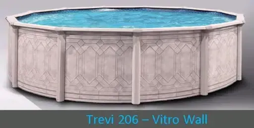 Oval above-ground pool with light stone panels and blue water