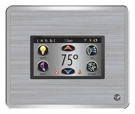 Brushed-metal wall thermostat display showing 75° with illuminated touch controls.