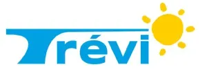 Blue and yellow Révi logo with sun icon