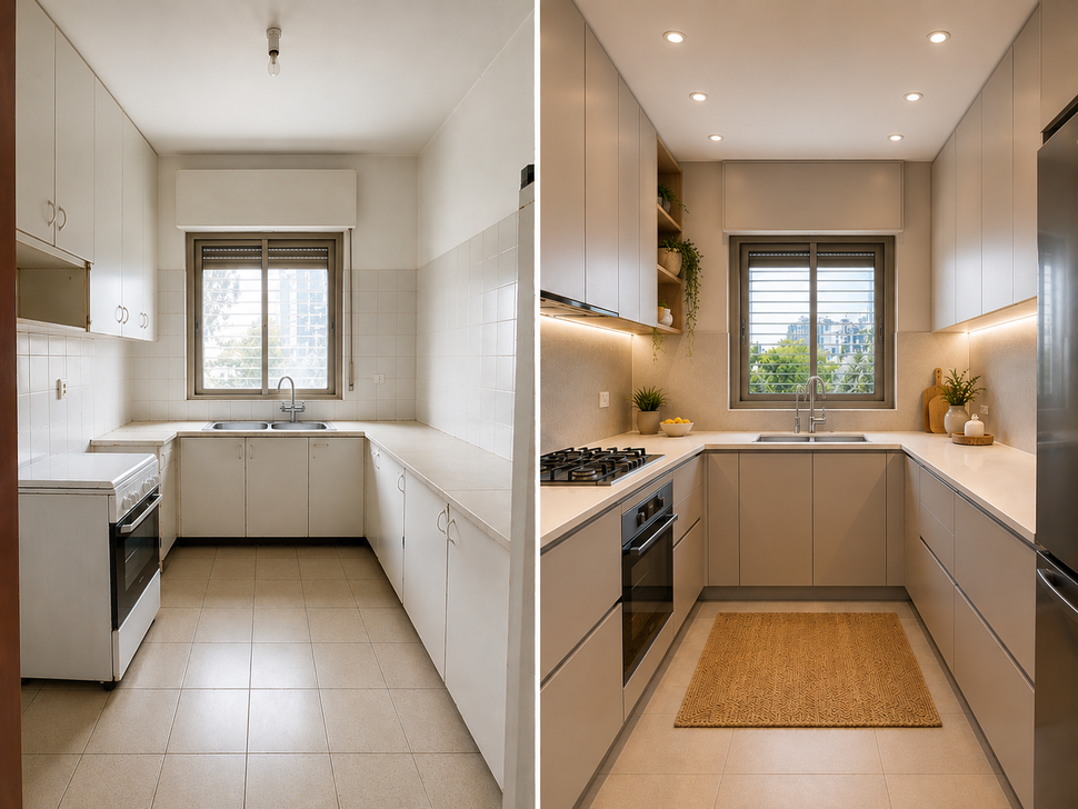 Split-screen modern kitchen renovation: unfinished white kitchen on left, warm lit finished kitchen on right.