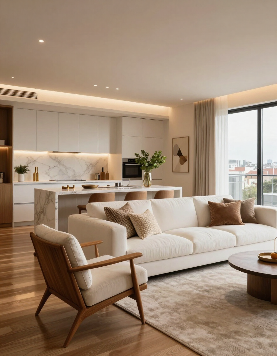 Modern open-plan living room with beige sofa, wood armchair, and kitchen in the background.
