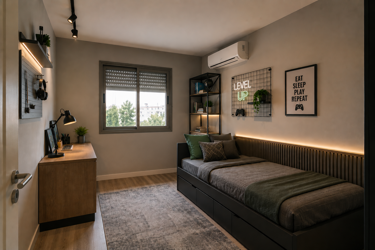 Modern bedroom with a bed, desk, window, wall art, and a small shelf in warm neutral tones