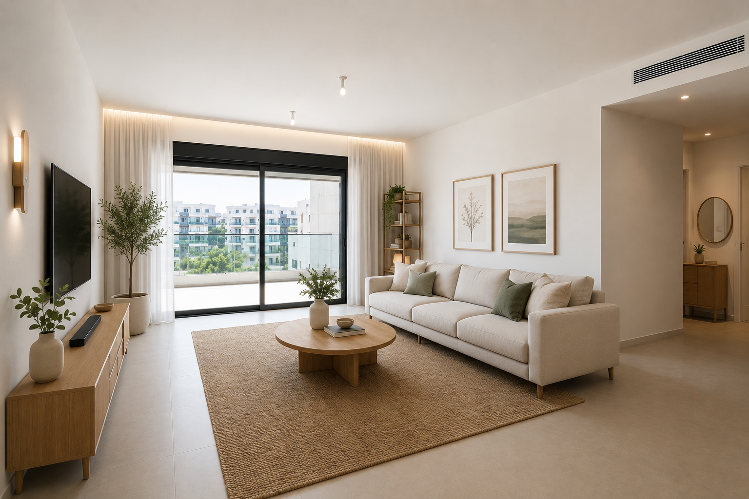 Bright modern living room with beige sofa, woven rug, coffee table, and large sliding glass doors.