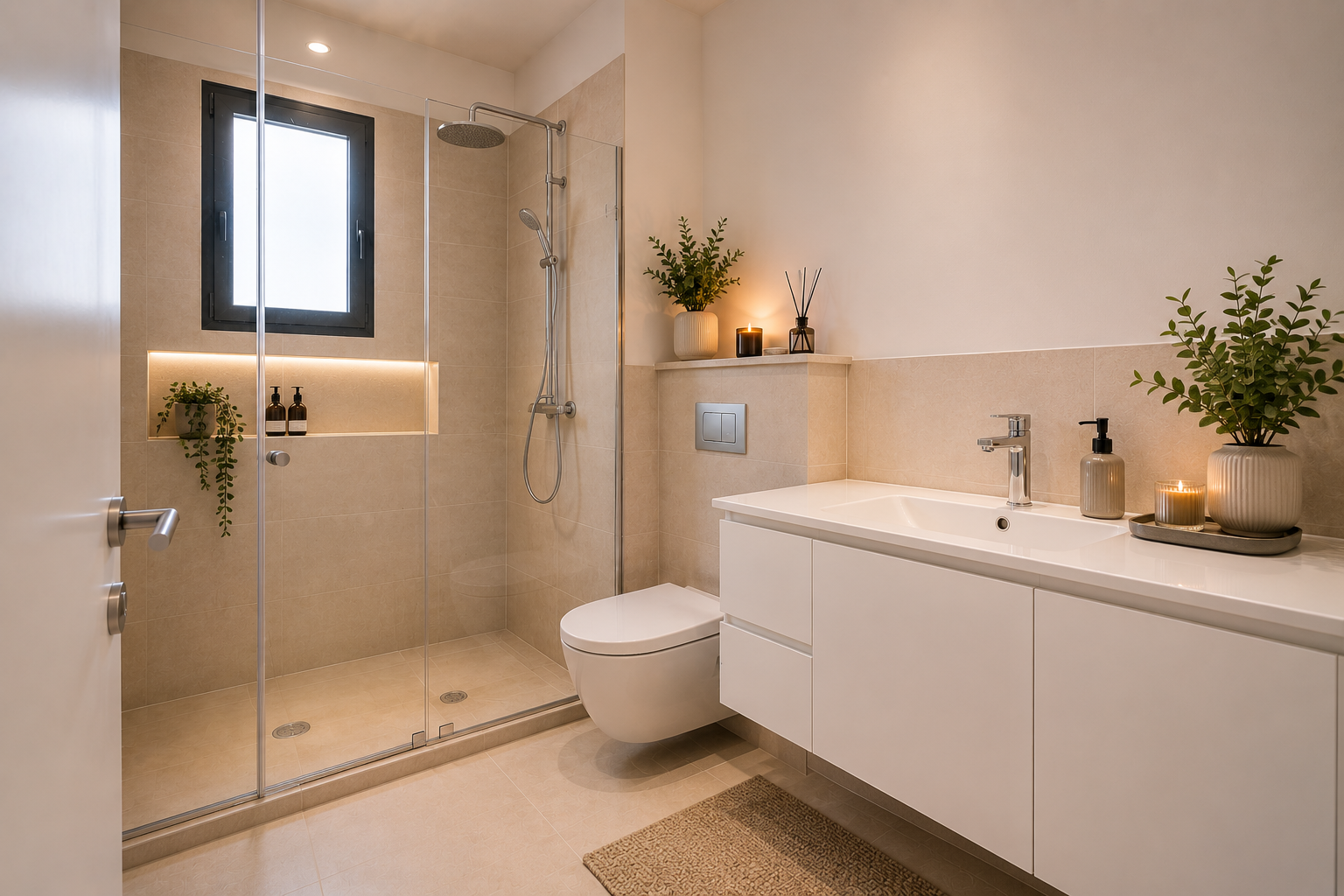 Modern beige bathroom with glass shower, wall-mounted sink, toilet, and plants