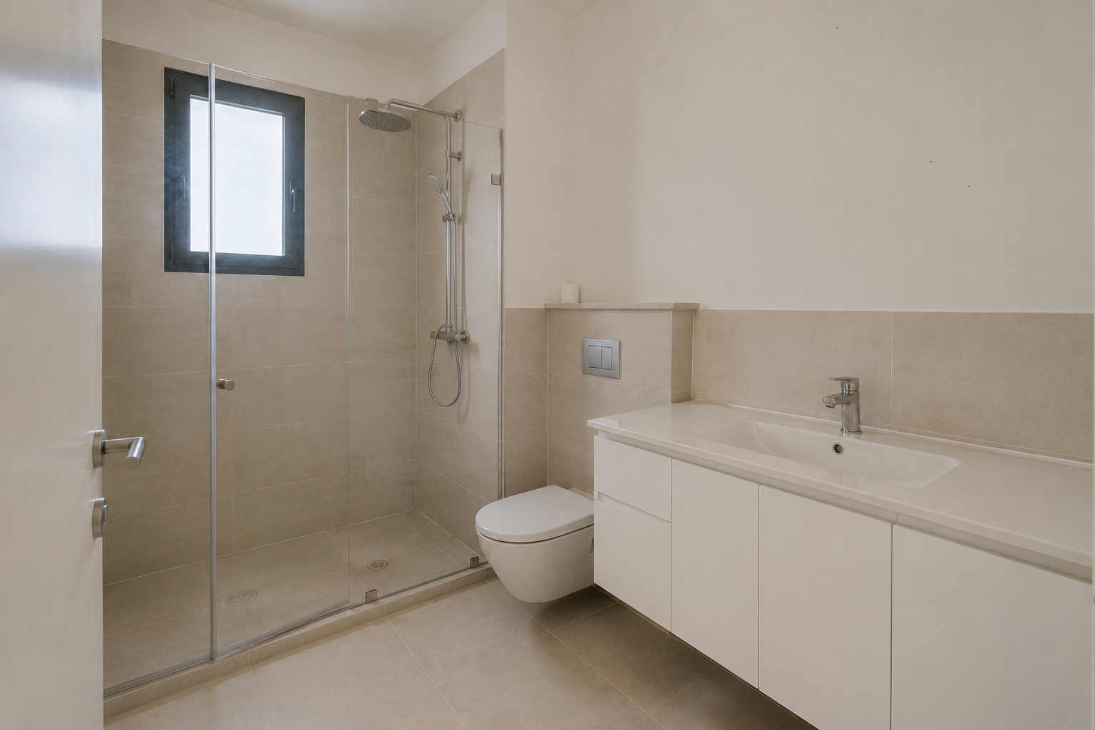 Modern beige bathroom with glass shower, wall-mounted toilet, and double-sink vanity