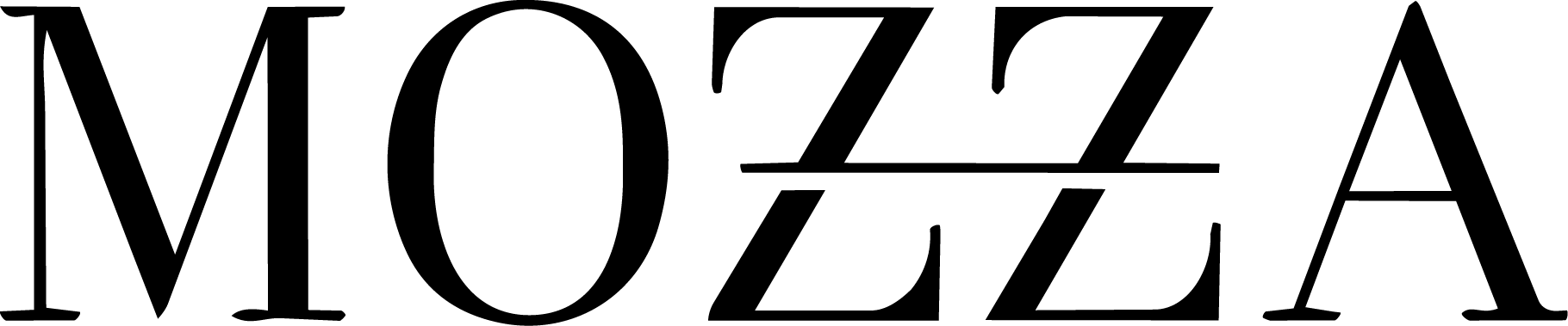 MOZZA logo in black serif letters on a white background