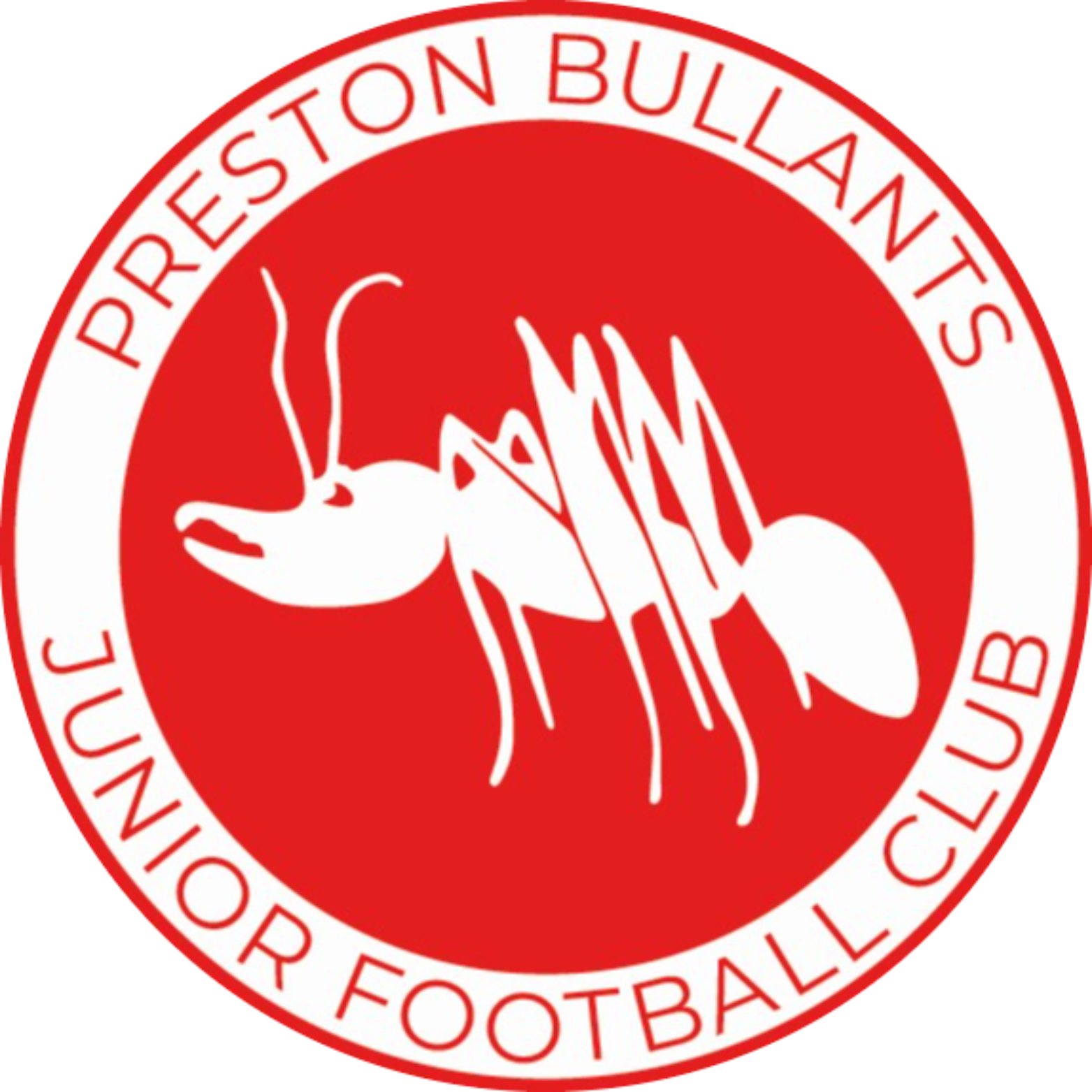 Red and white circular logo for the Preston Bullants Junior Football Club featuring a stylized ant silhouette.
