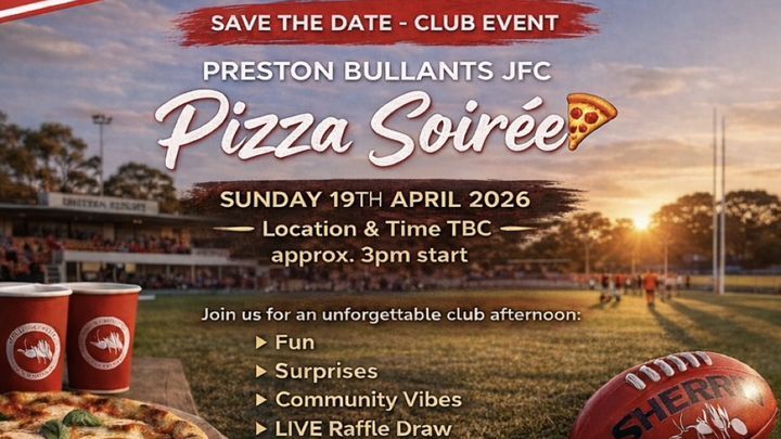 Event flyer for a Preston Bullants JFC Pizza Soirée on Sunday, April 19, 2026, featuring a football field at sunset.