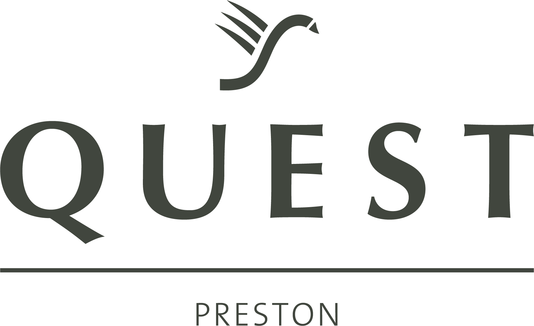 Logo for Quest Preston featuring a stylized bird icon above the word 
