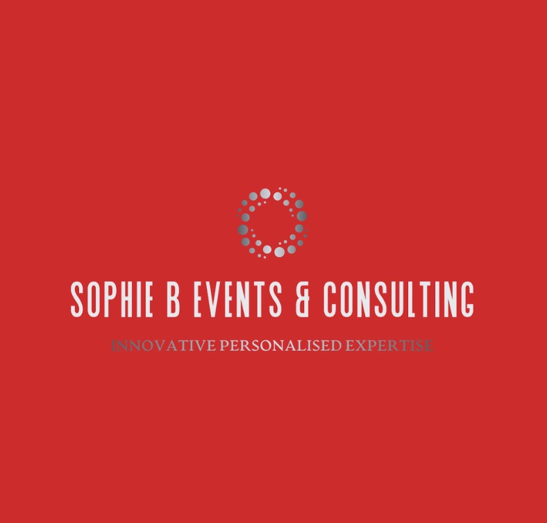 Logo for Sophie B Events & Consulting featuring a circular dot pattern and text on a red background.
