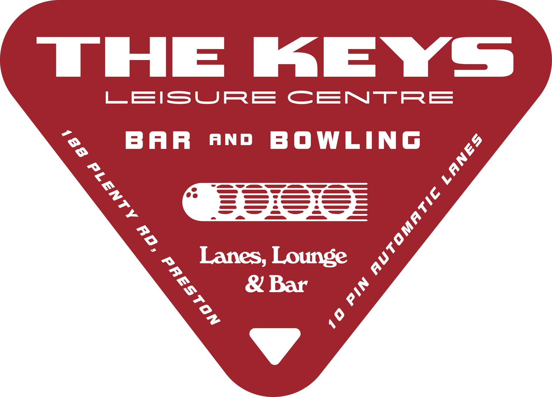 Red logo for The Keys Leisure Centre in Preston, featuring a bowling ball and pin graphic, text, and address.