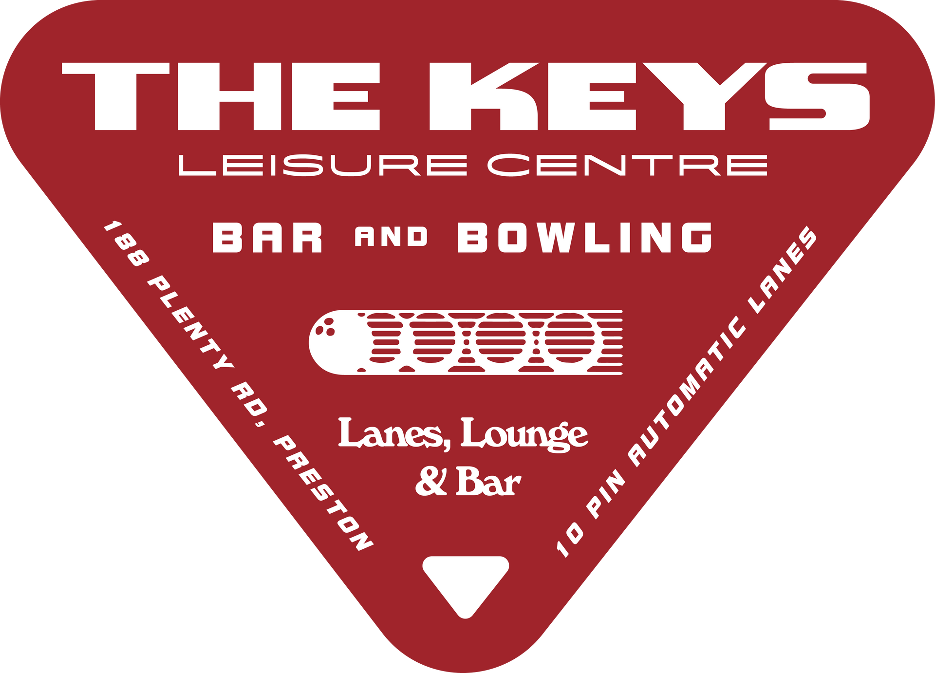 A red triangular logo for The Keys Leisure Centre, featuring text, a bowling ball graphic, and address details.