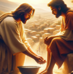 Two robed figures lean over a bowl in a warm, glowing desert city scene.