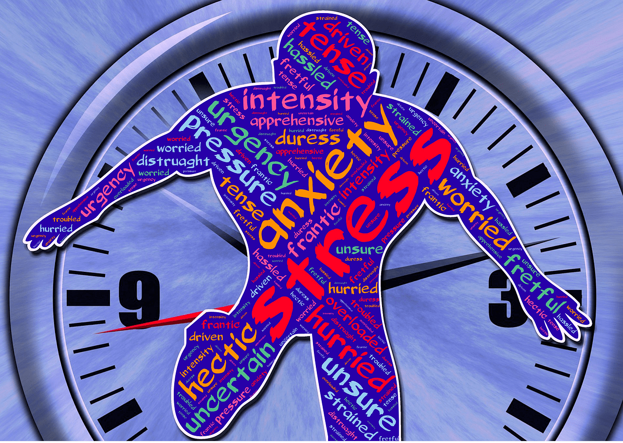 Silhouette of Body Covered in Words in Front of Clock