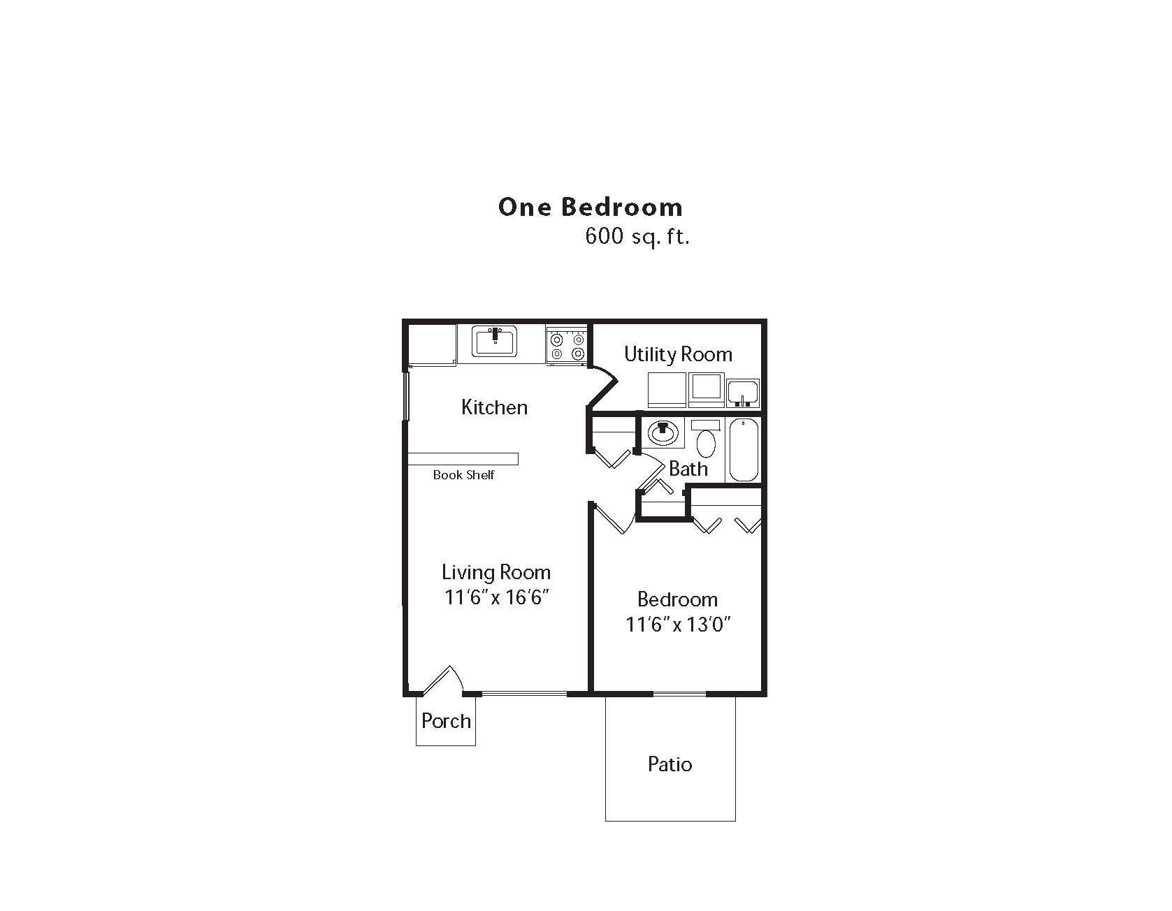 A black and white floor plan of a one bedroom apartment.