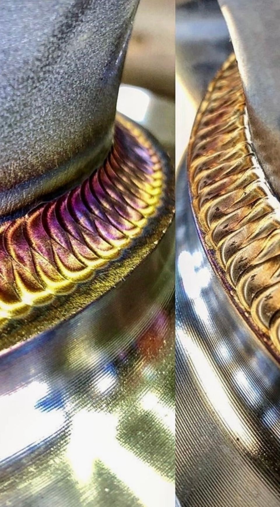 A close up of a piece of metal with a purple and gold colored finish.