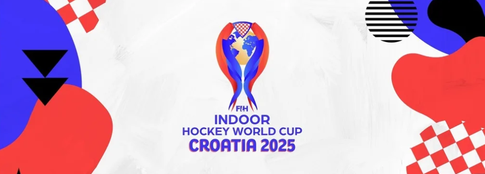 Indoor Hockey World Cup 2025 logo on a white banner with red and blue geometric accents