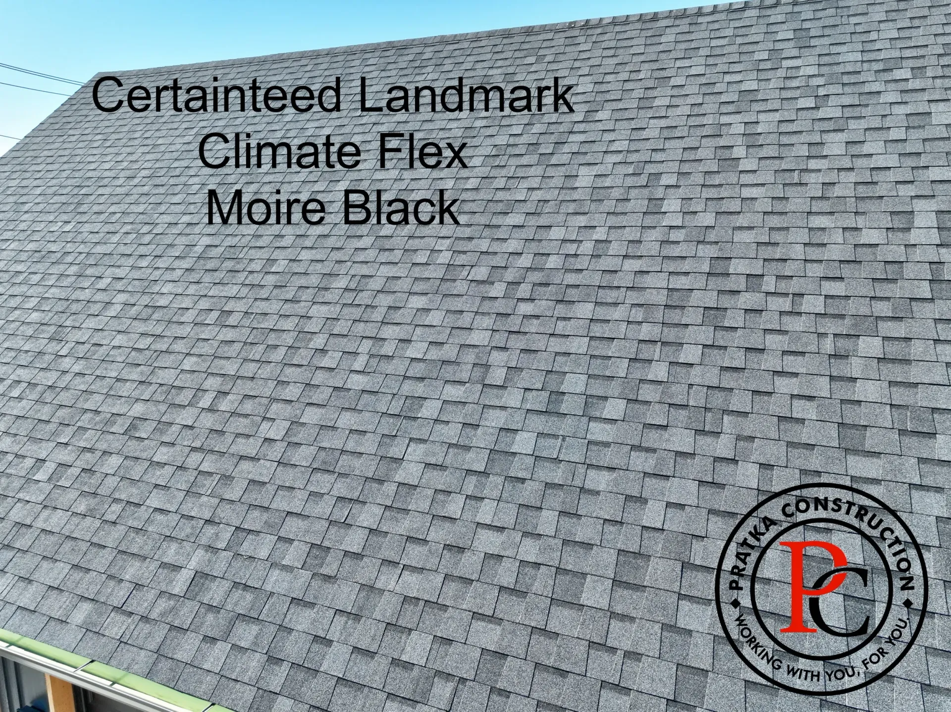 Gray shingle roof: CertainTeed Landmark Climate Flex, Moire Black.