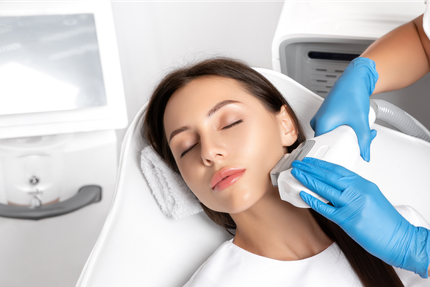 Woman undergoing facial skin treatment, eyes closed, hands in blue gloves, modern clinic setting.