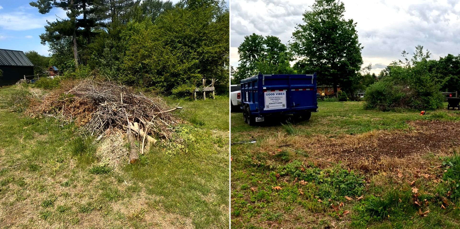 Overgrown lot with brush piles and a blue dumpster under a cloudy sky