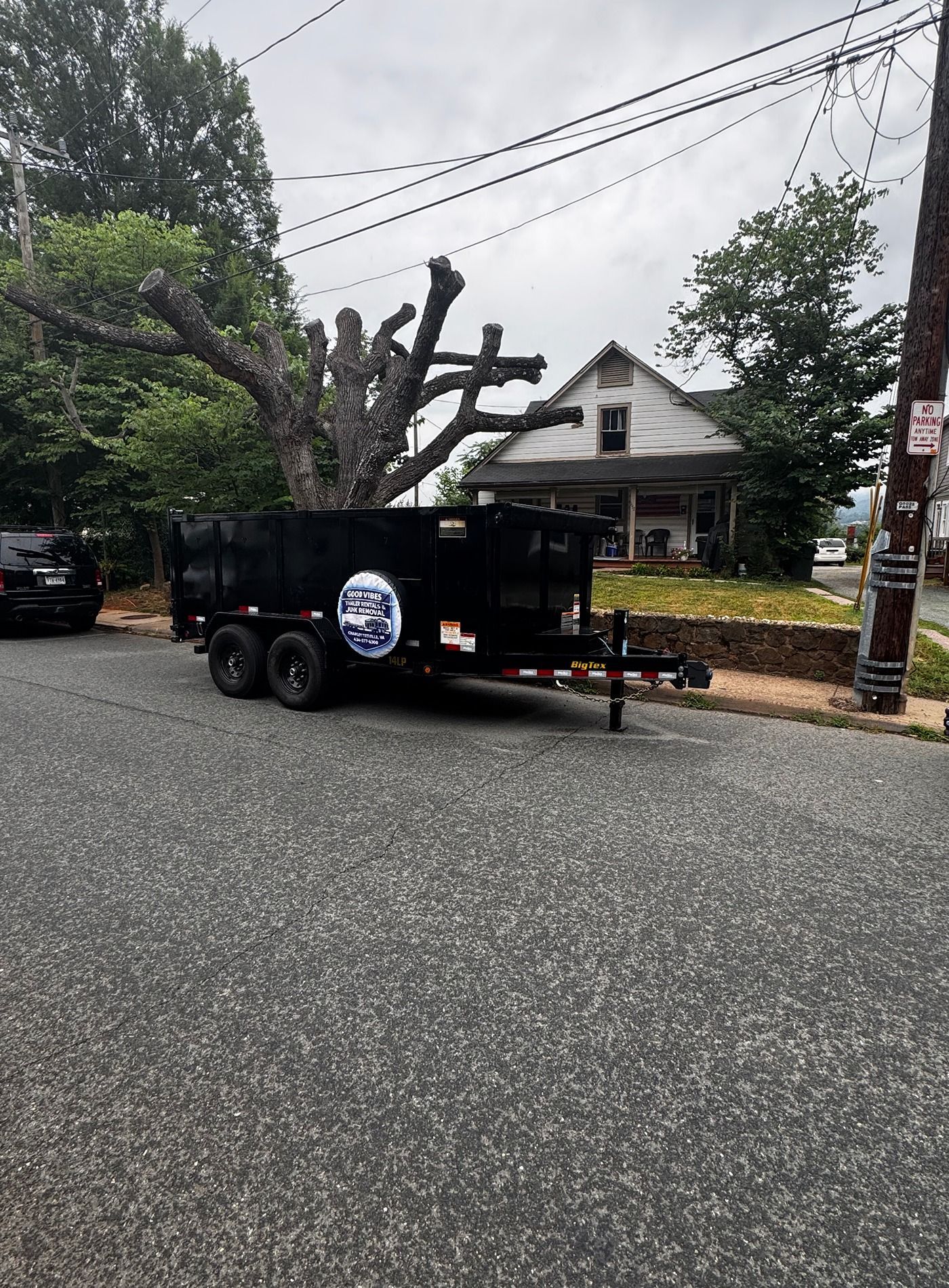 Black utility trailer with a large tree trunk parked on a residential street under cloudy skies