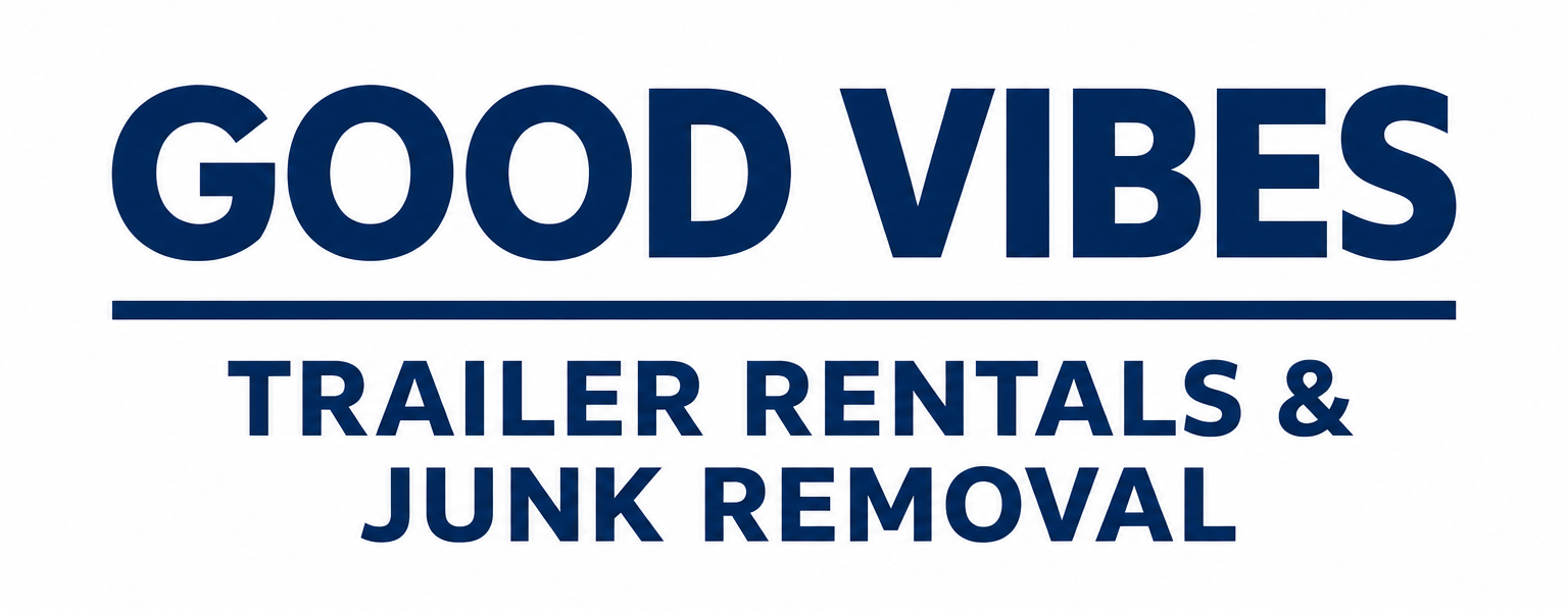 Good Vibes logo in blue text for trailer rentals and junk removal