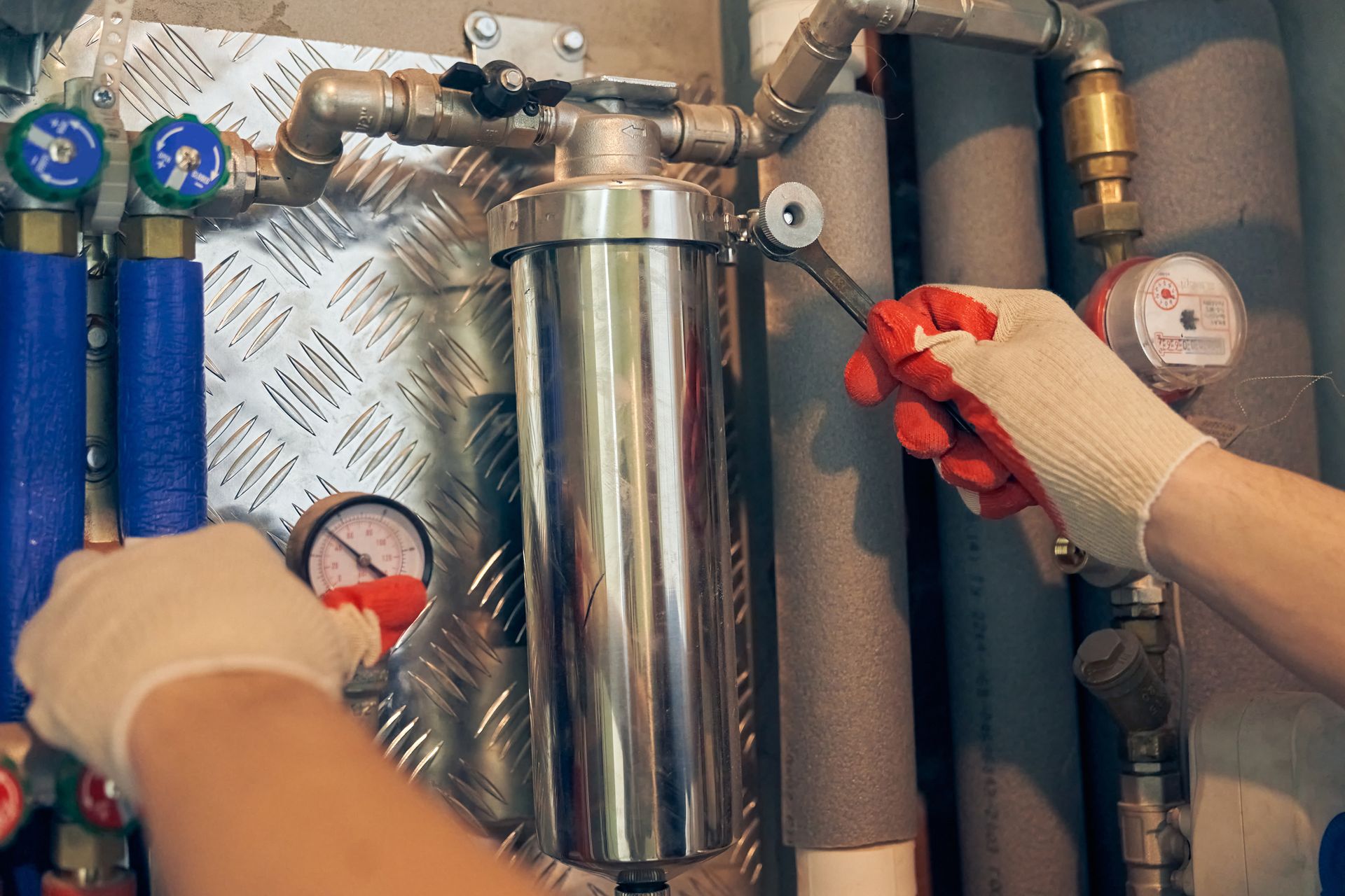 Person in gloves using a wrench on a water filter, near pipes and gauges.