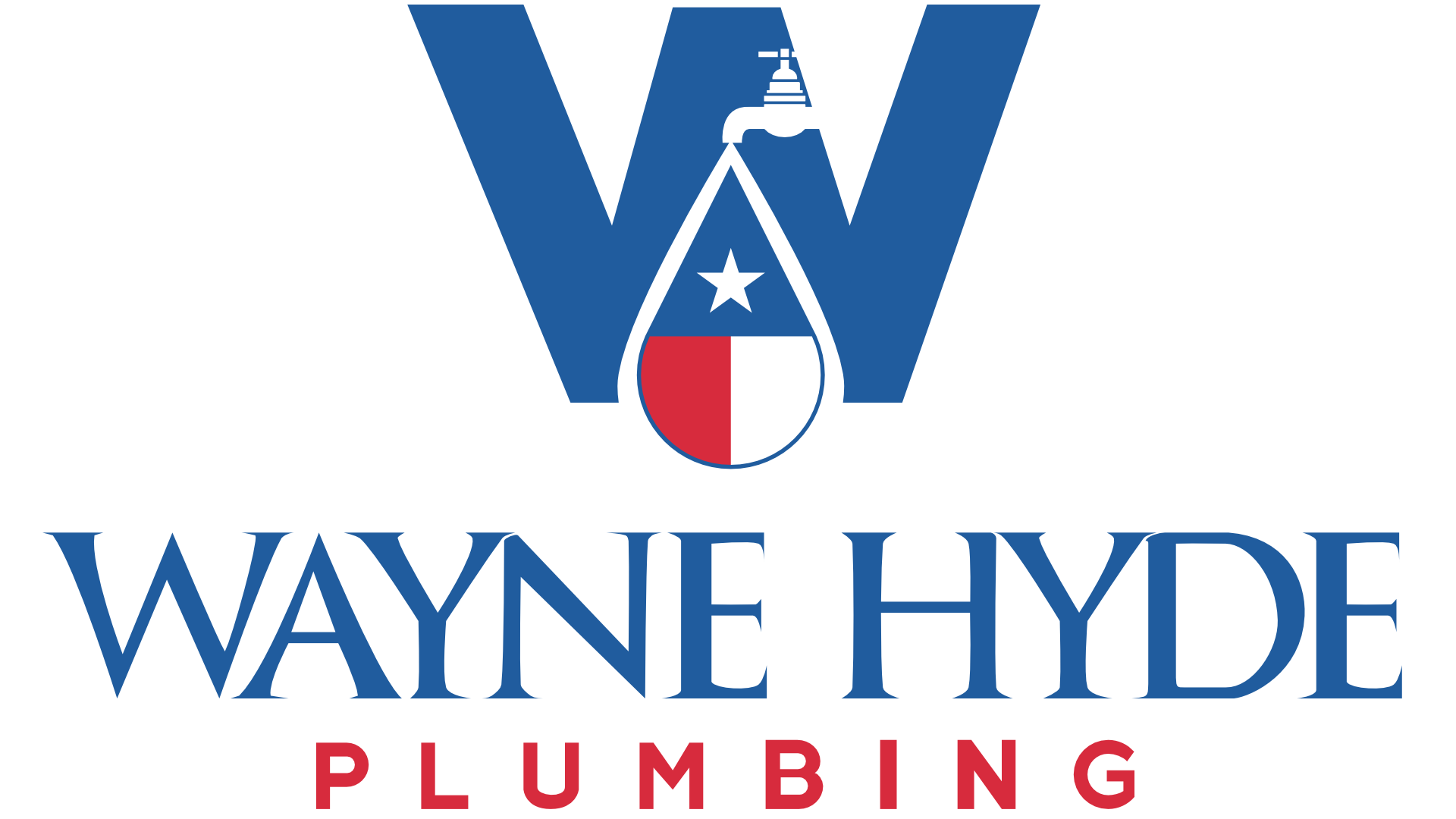Logo for Wayne Hyde Plumbing, featuring a blue "W" with a faucet, and a Texas flag inside a water droplet.