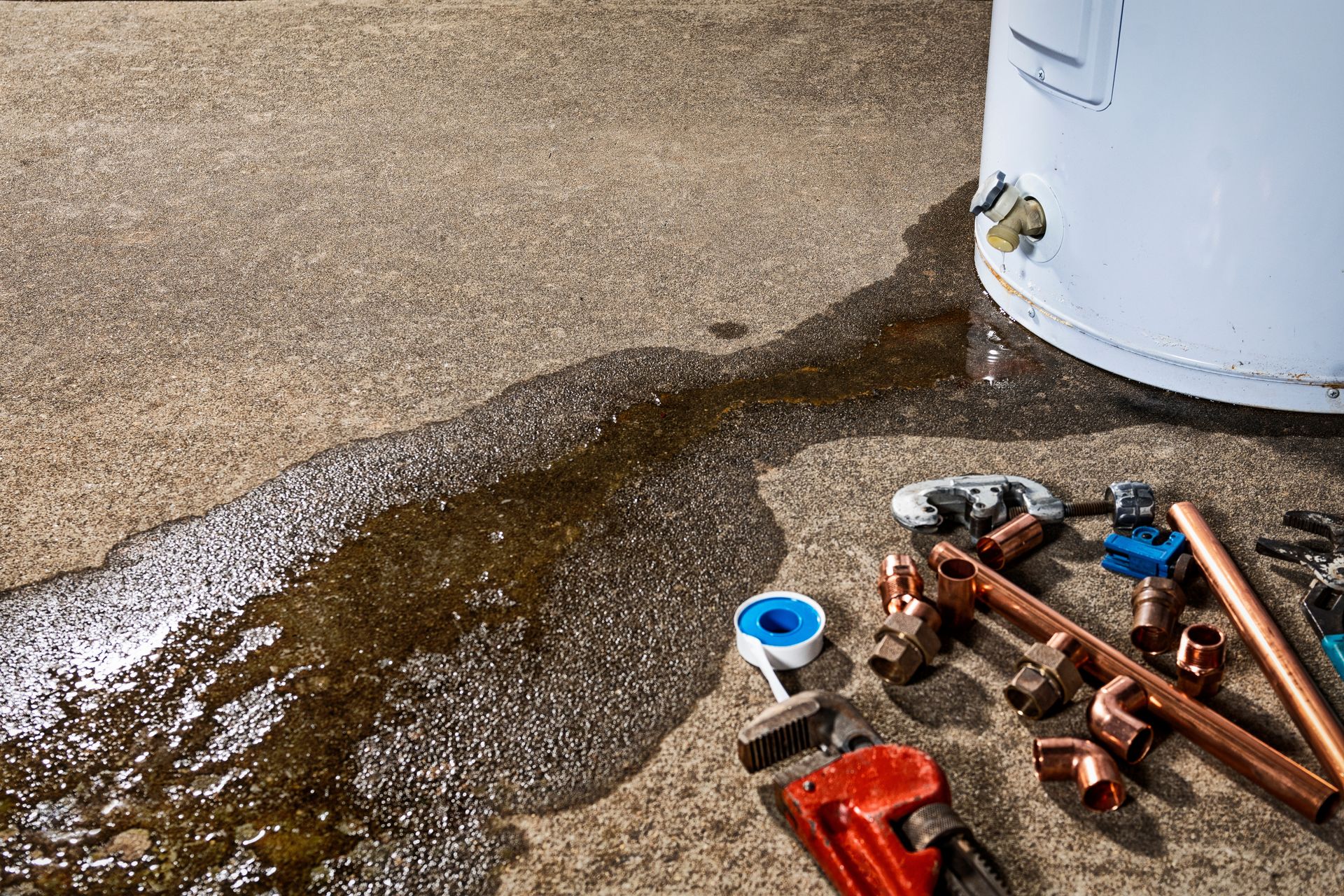 Leaking water heater on concrete; tools nearby suggest repairs are underway.