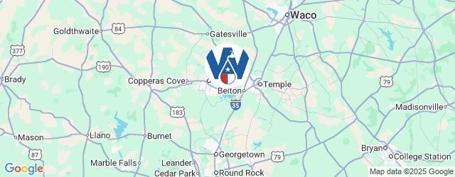 Map of Texas, with a logo over the city of Belton. Surrounding cities include Waco, Georgetown, and Copperas Cove.