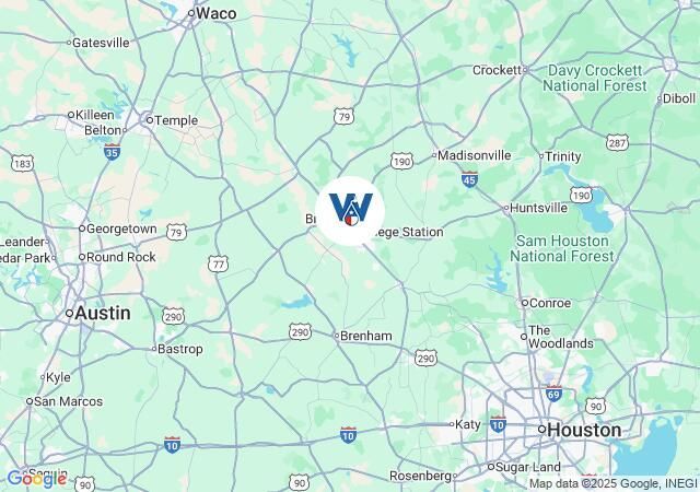 Map of Texas with Waco, Austin, and Houston labeled, centered on a location near College Station.