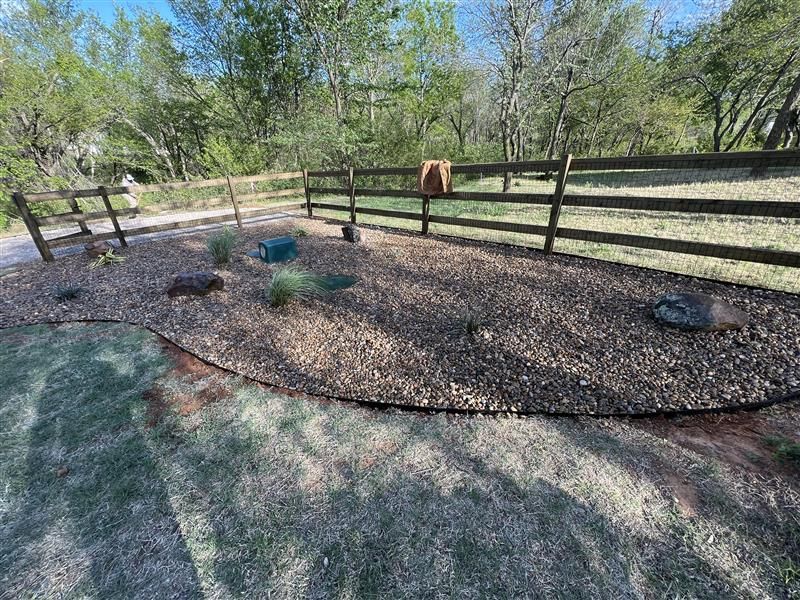 Gravel bed with small plants and a wooden fence, bordered by a dark plastic edge, in a yard.