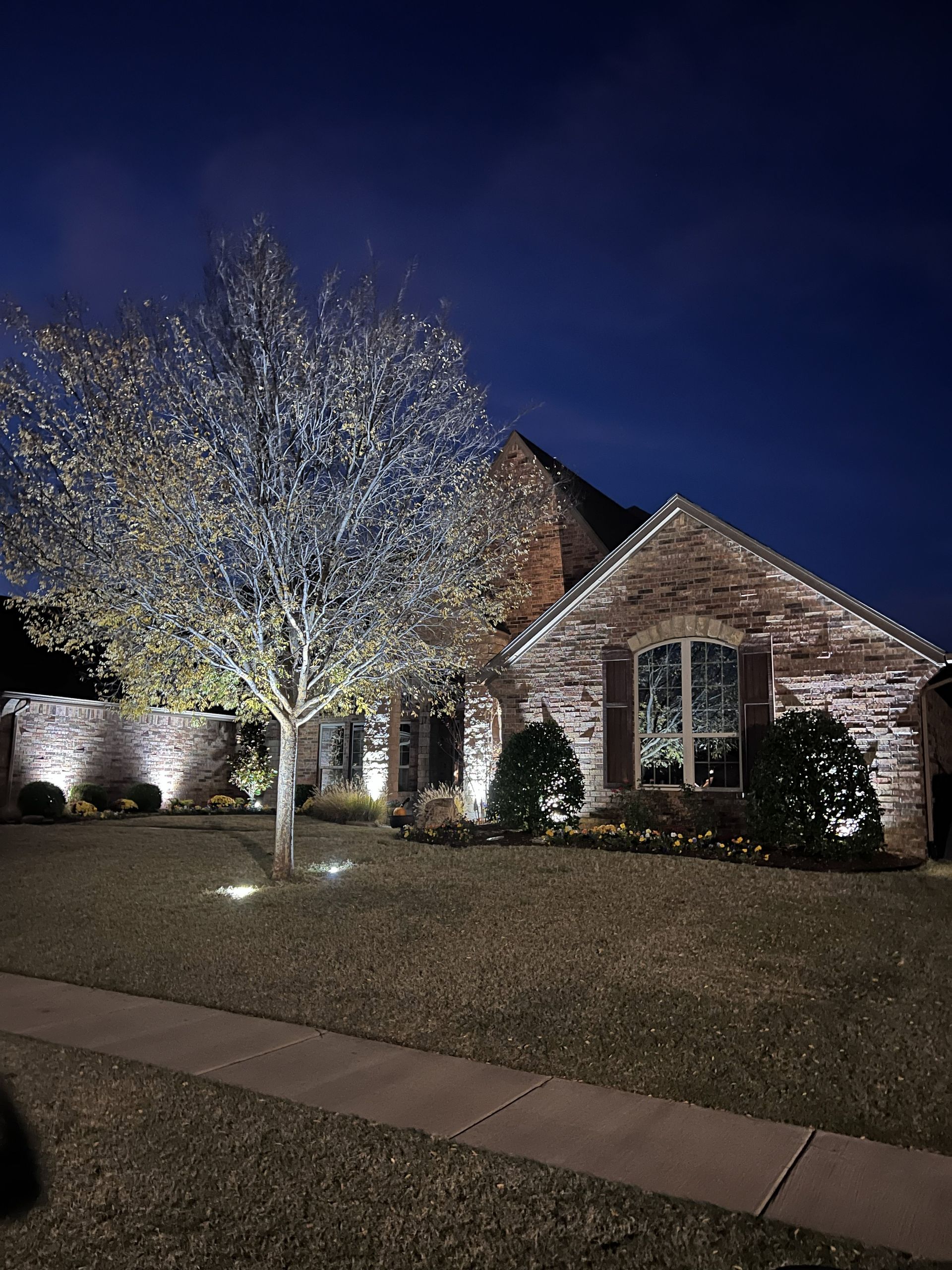 Night view of a house with brick exterior, illuminated by outdoor lights on the trees and facade.