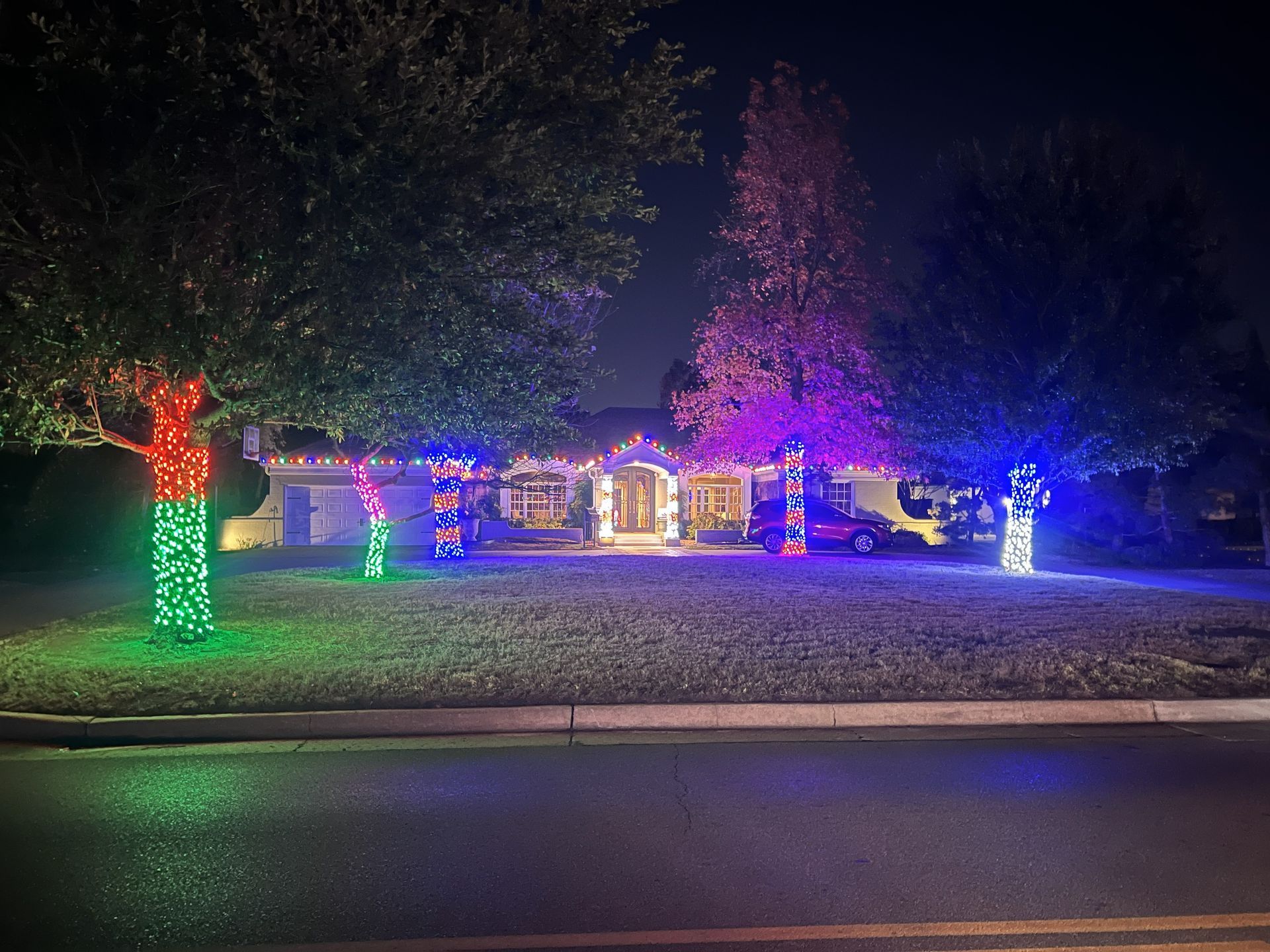 House decorated with colorful Christmas lights at night, trees wrapped in red, green, and blue.