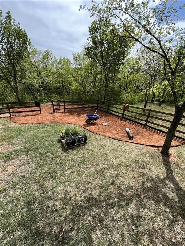 A mulched garden bed enclosed by a wooden fence, with a wheelbarrow and saplings on a sunny day.