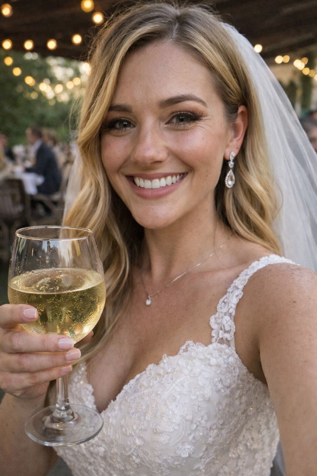 Bride in a lace wedding dress smiling, holding a glass of champagne at an outdoor reception.