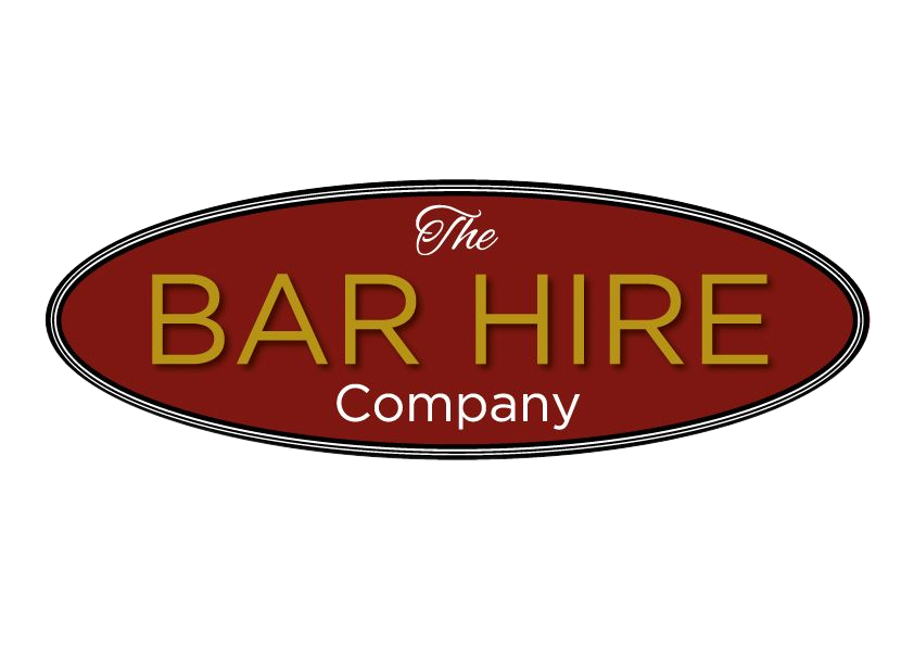 Logo: The Bar Hire Company, oval shaped, burgundy and gold lettering.