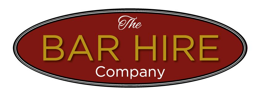 Logo for The Bar Hire Company. Dark red oval with gold text.
