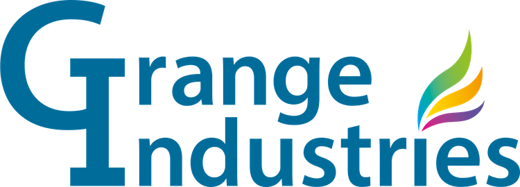 Grange Industries logo in teal and orange with stylized leaf icon on white background
