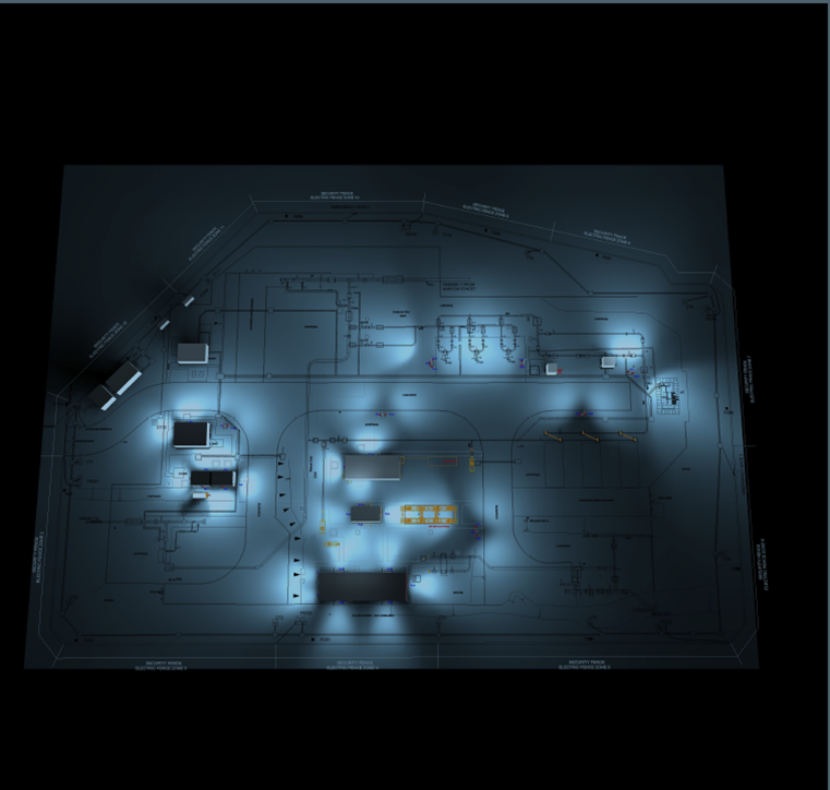 Blue-tinted architectural floor plan or blueprint with room outlines and glowing highlighted areas.